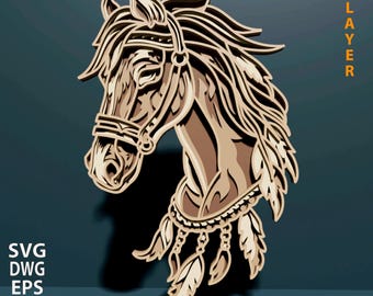 Horse multilayer SVG. Laser cut file. Layer construction. Plywood cutting. CNC. Mandala plywood