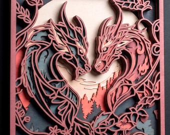 Dragon love multilayer SVG. Laser cut file. Layer construction. Plywood cutting. CNC. Mandala plywood