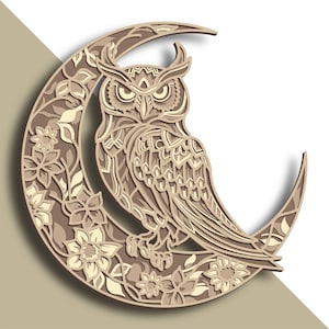Owl multilayer SVG. Laser cut file. Layer construction. Plywood cutting. CNC. Mandala plywood