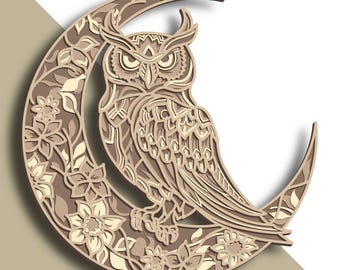 Owl multilayer SVG. Laser cut file. Layer construction. Plywood cutting. CNC. Mandala plywood
