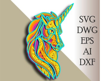 Unicorn multilayer SVG/ Unicorn cut file/ 3D layer/ Plywood cutting/ Paper cutting/ SVG file/ 3D mandala plywood