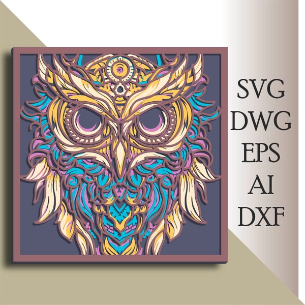 Owl multilayer SVG/ Owl cut file/ 3D layer/ Plywood cutting/ Paper cutting/ SVG file/ 3D mandala plywood