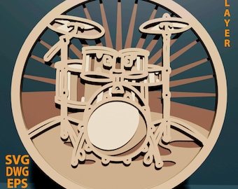 Drums multilayer SVG. Laser cut file. Layer construction. Plywood cutting. CNC. Mandala