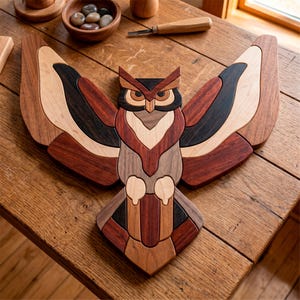 May include: A wooden owl sculpture with outstretched wings, crafted from various wood tones including light beige, dark brown, and black. The owl's body and wings are intricately pieced together, showcasing the natural grain of the wood. The sculpture is displayed on a wooden table.