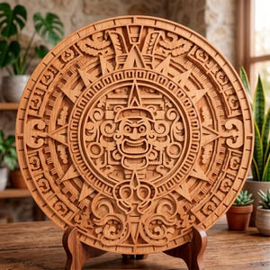 May include: A circular wooden Aztec calendar, intricately carved with detailed patterns. The light brown piece is displayed on a wooden stand. The design features a central face surrounded by glyphs and symbols, showcasing a layered construction.