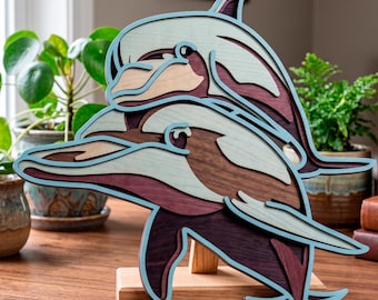 Dolphin multilayer SVG. Laser cut file. Layer construction. Plywood cutting. CNC. Mandala plywood