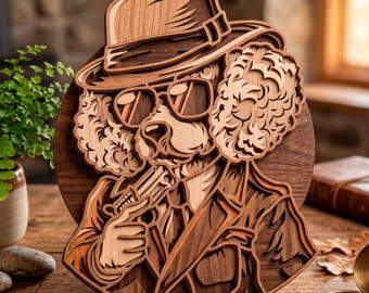 May include: A multi-layered wooden art piece depicting a dog wearing a fedora and sunglasses, holding a gun. The artwork features various shades of brown and tan wood, with intricate cut-out details. The dog is set against a circular wooden background.