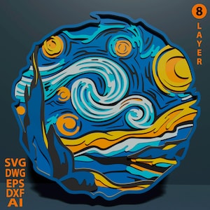 SVG multicamadas Noite Estrelada. Arquivo para corte a laser. Construção em camadas. Corte em madeira compensada. CNC. Mandala em madeira compensada.