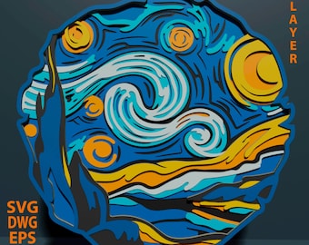 Starry Night multilayer SVG. Laser cut file. Layer construction. Plywood cutting. CNC. Mandala plywood