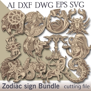Znak zodiaku wielowarstwowy Svg/ Plik do cięcia znaku zodiaku/ Warstwa 3D/ Cięcie ze sklejki/ Cięcie papieru/ Plik Svg/ Sklejka mandala 3D