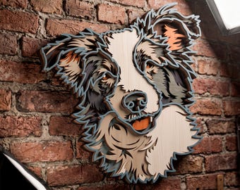SVG multicamadas de Border Collie. Arquivo para corte a laser. Construção em camadas. Corte em madeira compensada. CNC. Mandala em madeira compensada.