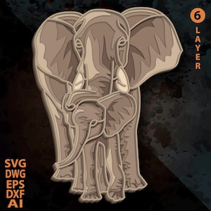 Wielowarstwowy plik SVG ze słoniem. Plik cięty laserowo. Konstrukcja warstwowa. Cięcie sklejki. CNC. Sklejka mandala.