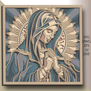 Virgen María en formato SVG multicapa/Archivo de corte láser de la Virgen María/Capa 3D/Corte de madera contrachapada/Corte de papel/Archivo SVG/Mandala 3D de madera contrachapada