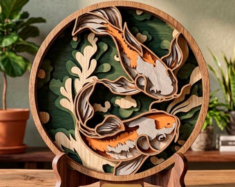 May include: A circular wooden artwork depicting two koi carp. The fish are orange, white, and grey, set against a green and beige backdrop. The layered design sits on a wooden stand, creating a 3D effect.
