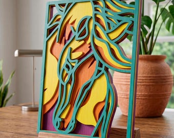 Horse multilayer SVG. Laser cut file. Layer construction. Plywood cutting. CNC. Mandala plywood