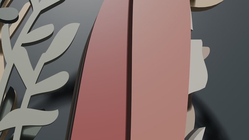 May include: A layered wall art piece featuring a central vertical panel in a muted dusty rose color, flanked by stylized botanical leaf cutouts in light gray and beige tones, all set against a dark charcoal gray background with depth.