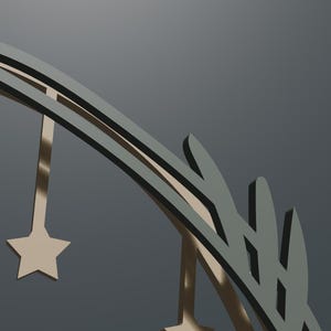 May include: A curved, dark gray metal arch featuring a decorative leaf-like design on one side. Several metallic, light-colored star-shaped ornaments hang from the arch by thin, vertical rods, creating a layered, suspended appearance.