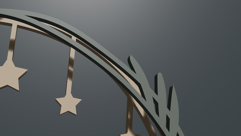 May include: A curved, dark gray metal arch featuring a decorative leaf-like design on one side. Several metallic, light-colored star-shaped ornaments hang from the arch by thin, vertical rods, creating a layered, suspended appearance.