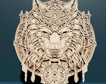 Wolf multilayer SVG. Laser cut file. Layer construction. Plywood cutting. CNC. Mandala plywood