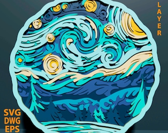 Starry Night multilayer SVG. Laser cut file. Layer construction. Plywood cutting. CNC. Mandala plywood