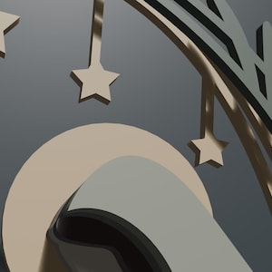 May include: A decorative wall hanging featuring a layered design with a large beige circle, a dark gray curved branch-like element, and three small beige stars suspended by thin lines. The composition uses a muted color palette of beige and gray.