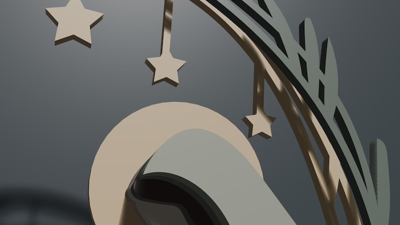 May include: A decorative wall hanging featuring a layered design with a large beige circle, a dark gray curved branch-like element, and three small beige stars suspended by thin lines. The composition uses a muted color palette of beige and gray.