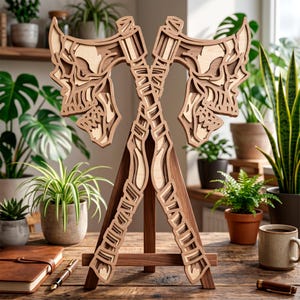 May include: A layered wooden art piece featuring two crossed axes with skull designs on a wooden easel. The axes are light brown with intricate details, and the easel is a darker brown. The artwork is displayed on a wooden table with plants in the background.