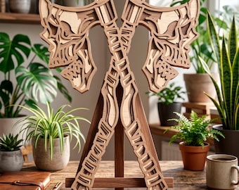 May include: A layered wooden artwork depicting two crossed axes with skull designs, displayed on a wooden easel. The axes are light brown with detailed layers, and the easel is a darker brown. The piece is set on a wooden table, with plants visible in the background.