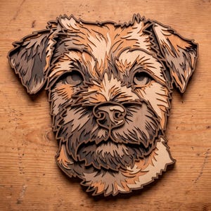 May include: A multi-layered wooden dog portrait in shades of brown, tan, and grey. The artwork depicts a dog's face with detailed fur and expressive eyes. This is likely a decorative item or wall art, crafted from wood.