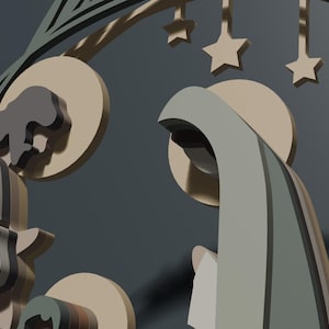May include: A layered wooden nativity scene featuring stylized figures of Mary, Joseph, and the infant Jesus. The figures are rendered in muted tones of sage green, dusty rose, and cream, set beneath a decorative arch adorned with hanging stars.