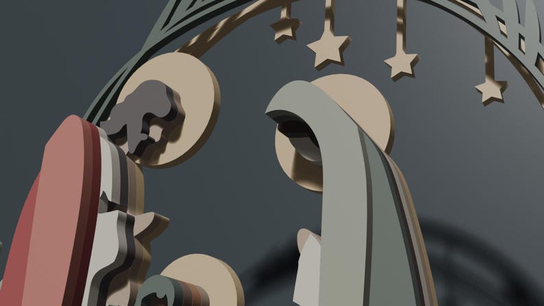 May include: A layered wooden nativity scene featuring stylized figures of Mary, Joseph, and the infant Jesus. The figures are rendered in muted tones of sage green, dusty rose, and cream, set beneath a decorative arch adorned with hanging stars.