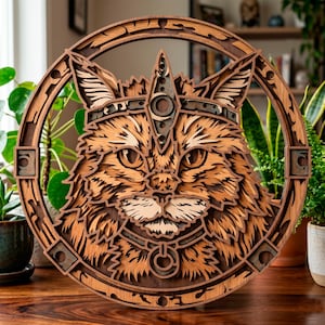 Könnte beinhalten: Ein mehrschichtiges Wandkunstwerk aus Holz mit einem detaillierten Katzenporträt in einem kreisförmigen Rahmen. Die Katze trägt eine Krone und ein Halsband, mit komplizierten Details in Braun- und Beigetönen. Das Kunstwerk steht auf einer Holzoberfläche.