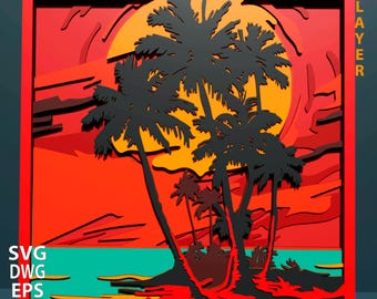 Sunset Palm multilayer SVG. Laser cut file. Paper cut. Layer construction. Plywood cutting. CNC. Mandala Landscape