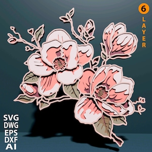 May include: A layered floral design featuring pink magnolia blossoms, green leaves, and delicate branches. The image includes the text "6 LAYER" and file type abbreviations "SVG DWG EPS DXF AI". The design is set against a dark teal background.