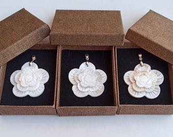 Hand Carved Mother of Pearl Flower Pendant: 18KGP Gold Plated
