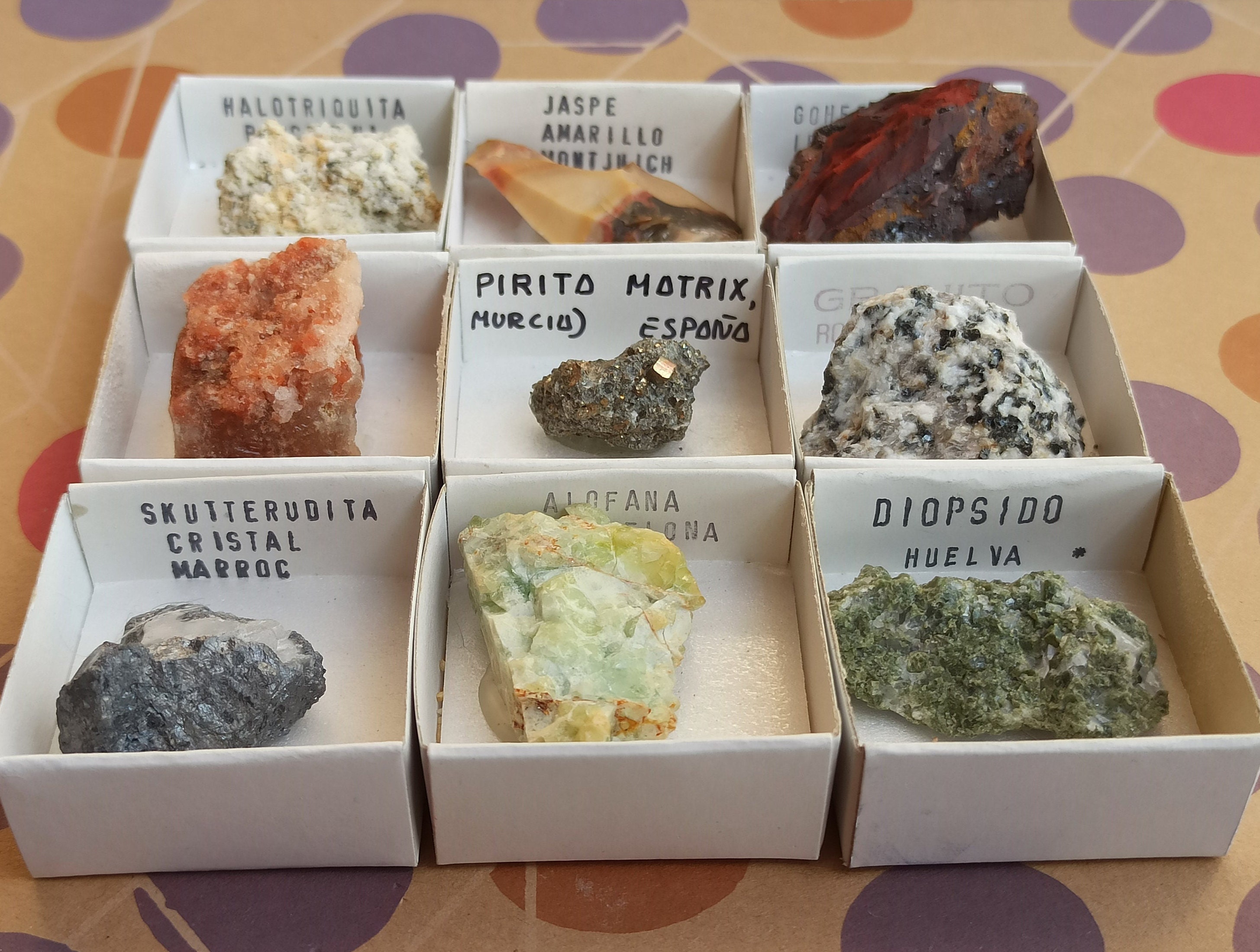 SET Of 9 Minerals Collection,  Halotriquita, Jasper, Goethite, Silvina, Pyrite, Granite, Skutterudite, Healing Crystal, Wishing Stone