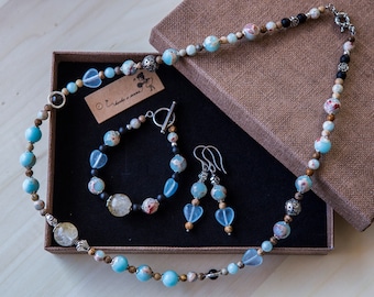 Jewelry Set, Necklace,Blue Turquoise Bracelet Set, Crystal Jewellery Set, Bracelet Gift Set, Crystal Gift Set, Turquoise Earrings