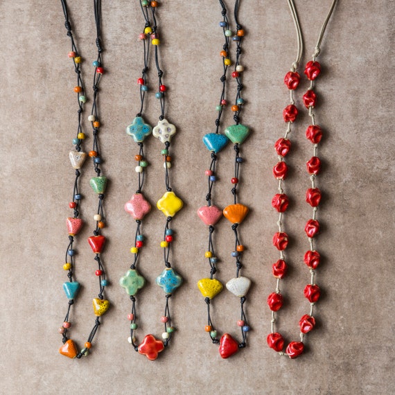 Collana Bohémien Vintage Con Perline In Ceramica Colorate - Stile Hippie Estivo, Lunghezza 50 Cm, Regalo Per Donna - 2