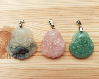 Colgante de Buda tallado, jade, cuarzo rosa y aventurina