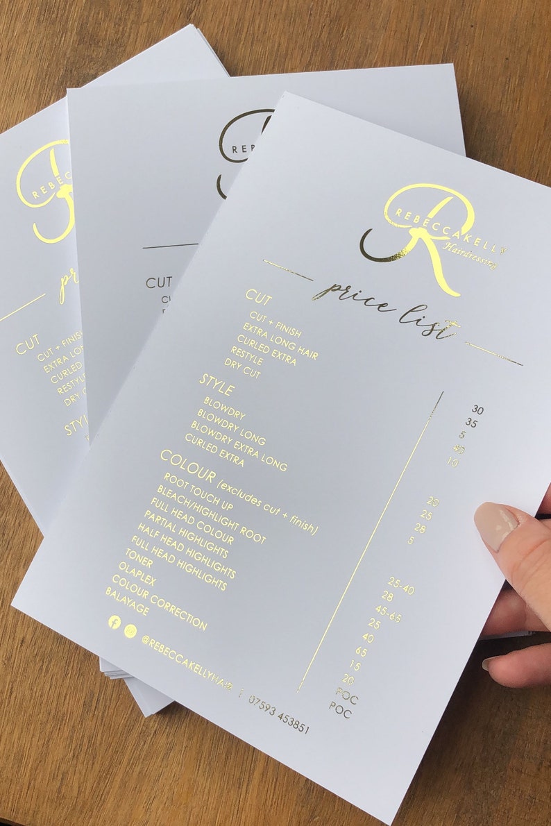 Foiled Price List Gold Foil Price List / Menu / Treatment List Etsy UK