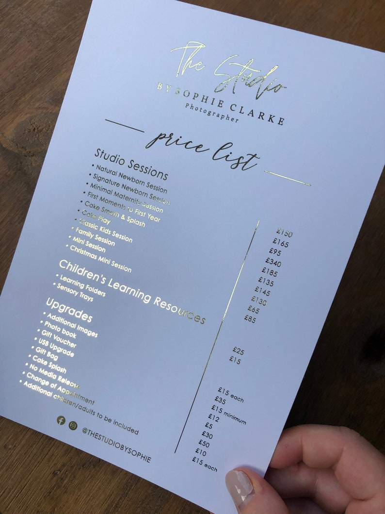 Foiled Price List Gold Foil Price List / Menu / Treatment List Etsy UK
