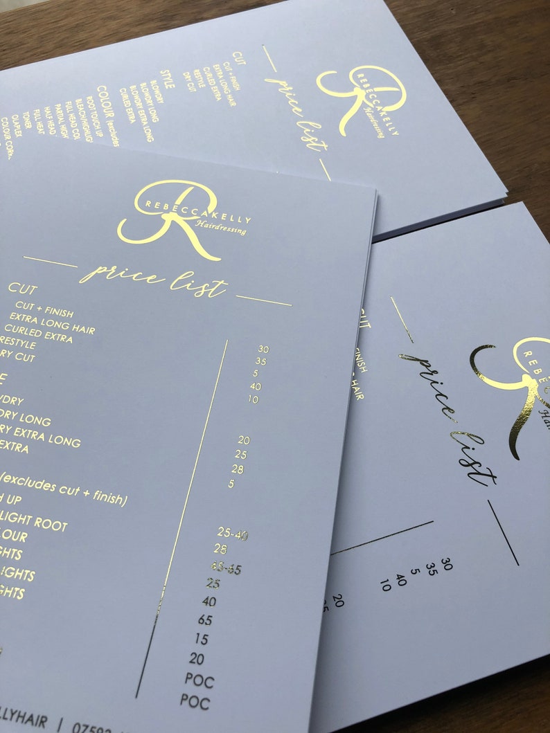 Foiled Price List Gold Foil Price List / Menu / Treatment List Etsy UK