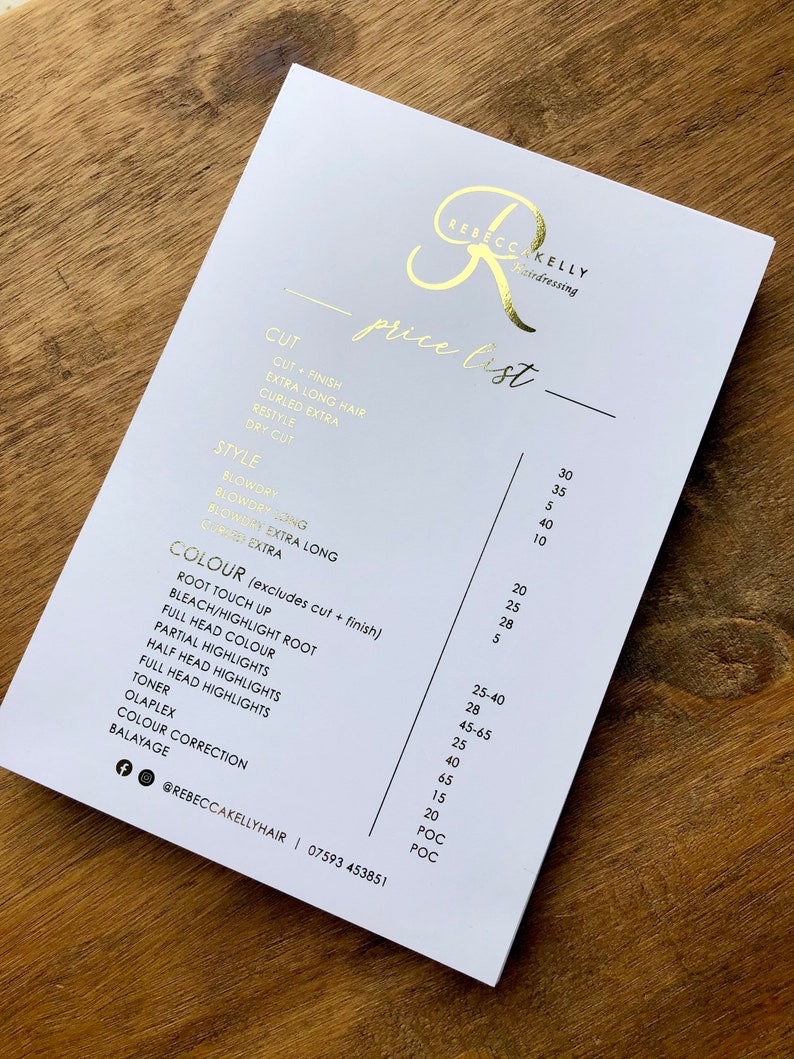 Foiled Price List Gold Foil Price List / Menu / Treatment List Etsy UK