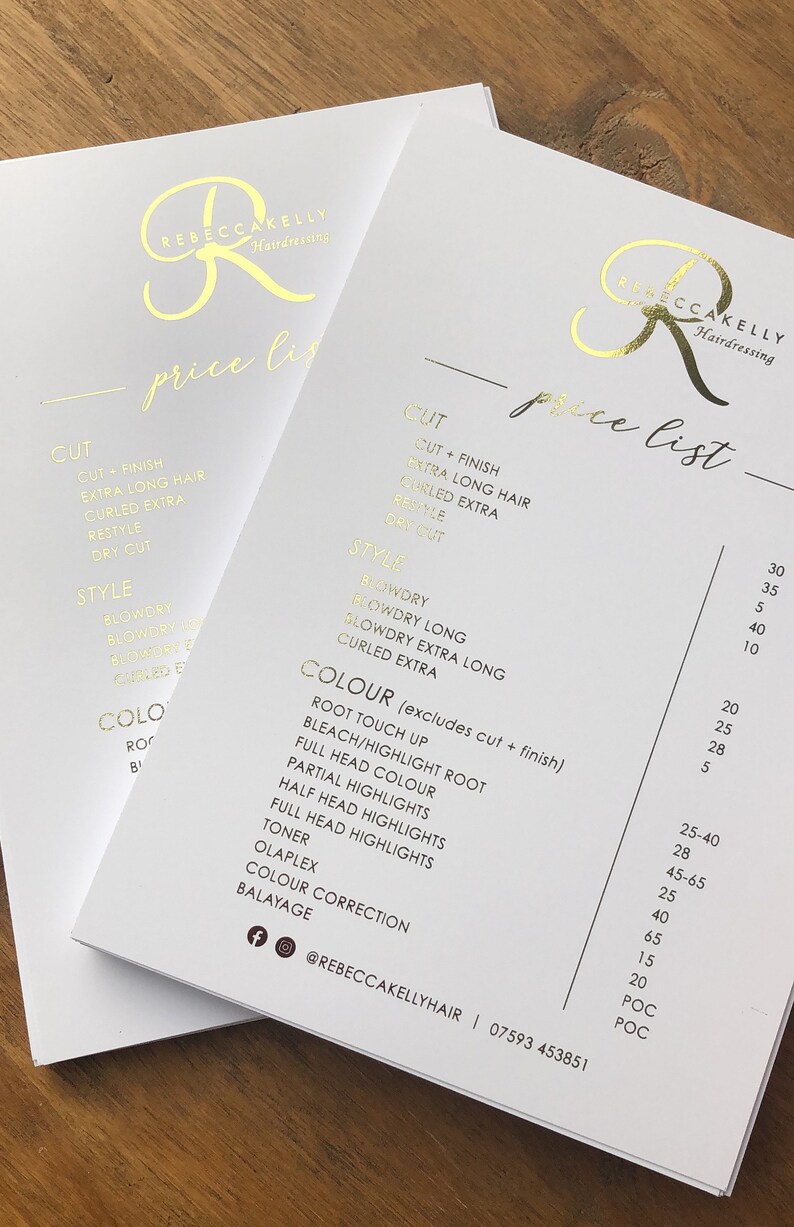 Foiled Price List Gold Foil Price List / Menu / Treatment List Etsy UK