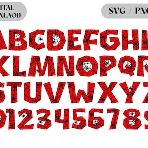 Puede incluir: Un conjunto de alfabeto y números rojo y negro con un diseño de telaraña. Cada letra y número es rojo con un patrón de telaraña negro y una pequeña araña. Las palabras "DIGITAL DOWNLOAD" y "SVG / PNG" están en la imagen.