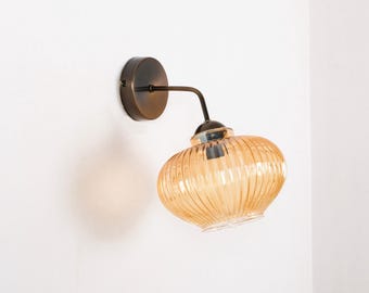 Amber Ribbed Glass Sconce, Fluted Lantern Wall Light, Curved Arm Lamp,Bedroom Hallway Entryway Lighting,Modern Wall Sconce