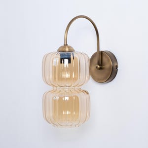 Art Deco Glass Sconce, Amber Glass Wall Light, Vintage Brass Wall Lamp, Retro Home Decor Sconce, Bedroom Wall Lamp, Sconce with Switch