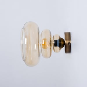 Plug-In Sconce with Amber Glass Shade, Vintage Wall Lamp, Art Deco Sconce for Living Room, Curved Glass Wall Light, Unique Modern Wall Lamp