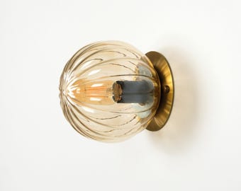 Amber Glass Flush Mounted Wall Light, Modern Bedroom Sconce, Luxury Vanity Wall Lamp, Vintage Ribbed Glass Sconce, Vintage Hallway Sconce