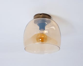 Flush Mount Ceiling Light, Amber Glass Ceiling Lamp, Art Deco Kitchen Ceiling Lighting, Loft Glass Ceiling Lamp, Industrial Hanging Light